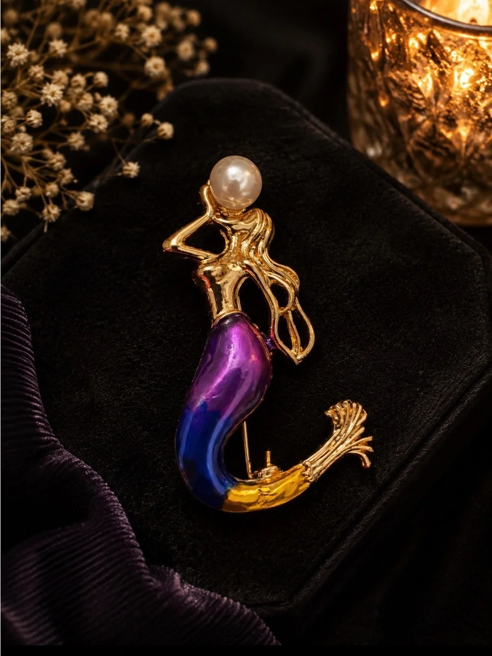 Gold Mermaid Brooch with Purple-Blue Enamel and Pearl Accent